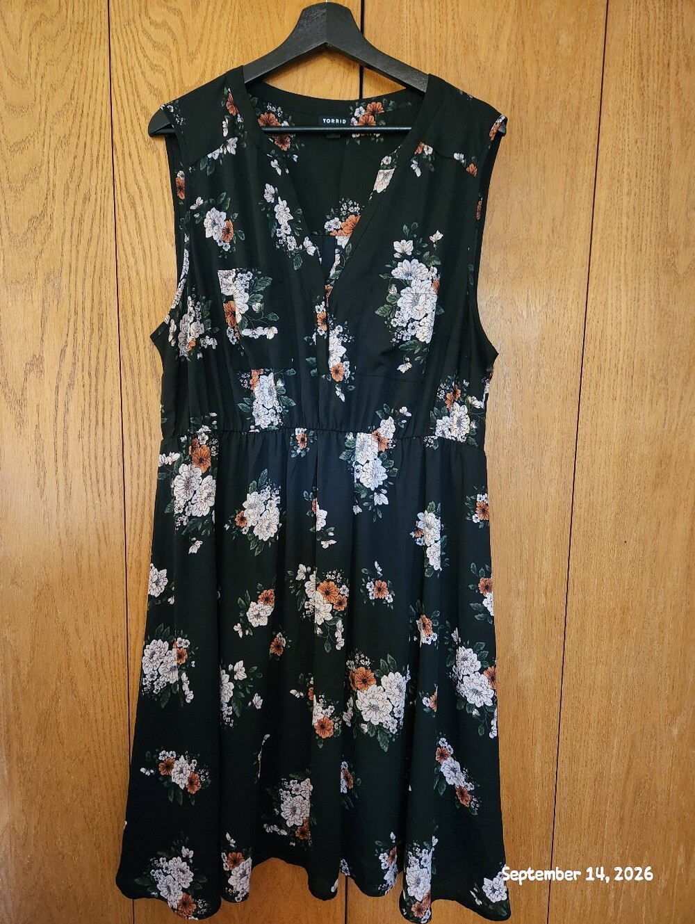 torrid Black Floral V-Neck Midi Dress with White & Rust Blooms